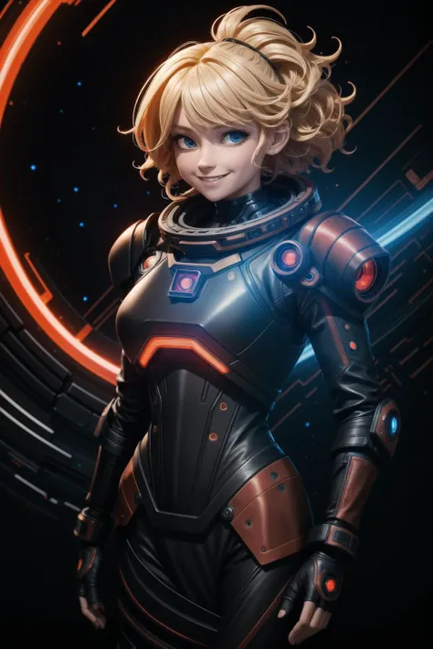 ((best quality, masterpiece)),  ((style-swirlmagic):0.2),
((black and red leather futuristic spacesuit)), neon lit, (smiling), 1girl,  blonde hair, wavy hair, a white parts of mechanical female, looking at viewer, soft colors, black background,
<lora:more_details:0.5> ,
<lora:LowRA:0.15>