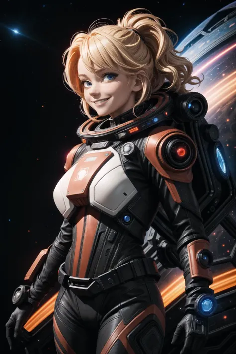 ((best quality, masterpiece)),  ((style-swirlmagic):0.2),
((black and red leather futuristic spacesuit)), neon lit, (smiling), 1girl,  blonde hair, wavy hair, a white parts of mechanical female, looking at viewer, soft colors, black background,
<lora:more_details:0.5> ,
<lora:LowRA:0.15>
