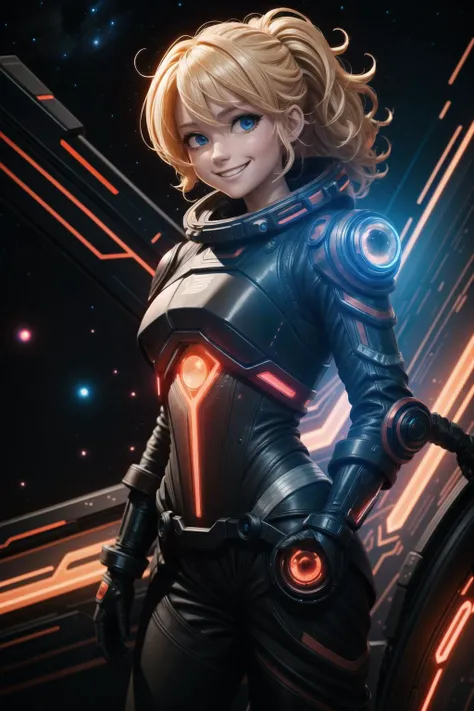 ((best quality, masterpiece)), ((style-swirlmagic):0.2),
((black and red leather futuristic spacesuit)), neon lit, (smiling), 1girl, blonde hair, wavy hair, a white parts of mechanical female, looking at viewer, soft colors, black background,
<lora:more_details:0.5> ,
<lora:LowRA:0.15>