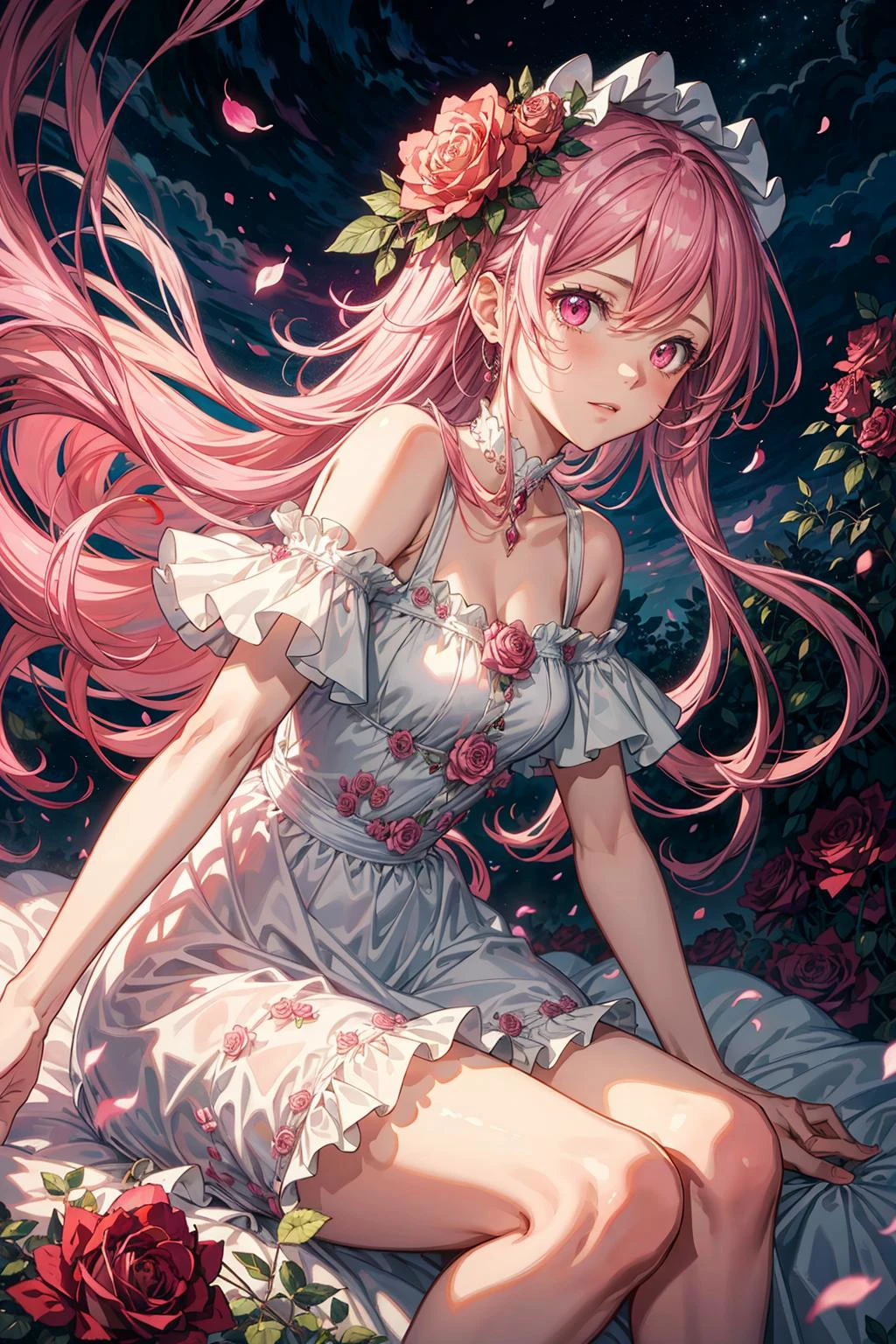 ((best quality, masterpiece)), ((style-swirlmagic):0.75)
1girl, pink long hair, glowing pink eyes, detailed, crimson light, detailed background, field of pink roses, white sundress, scary clouds, light particles, sitting on roses,
<lora:more_details:0.5>
