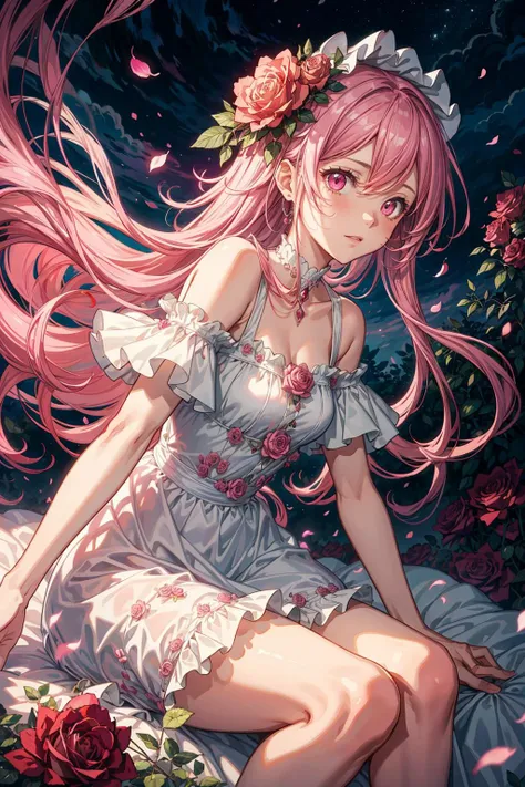 ((best quality, masterpiece)),  ((style-swirlmagic):0.75)
1girl, pink long hair, glowing pink eyes, detailed, crimson light, detailed background, field of pink roses, white sundress, scary clouds, light particles, sitting on roses,  
<lora:more_details:0.5>