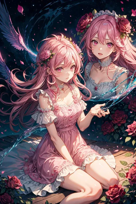 ((best quality, masterpiece)),  ((style-swirlmagic):0.75)
1girl, pink long hair, glowing pink eyes, detailed, crimson light, detailed background, field of pink roses, white sundress, scary clouds, light particles, sitting on roses,  
<lora:more_details:0.5>