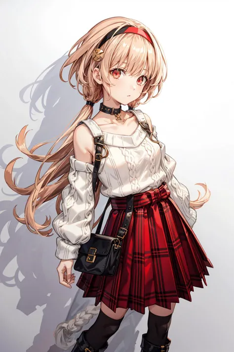 ((best quality, masterpiece)), ((style-swirlmagic):0.25)
solo, 1girl, full body, standing, <lora:compa_v2-000009:0.8>, compa, hairband, choker, white sweater, aran sweater, cable knit, detached sleeves, plaid skirt, pleated skirt, red skirt, black thighhighs, white footwear, boots
<lora:more_details:0.5>