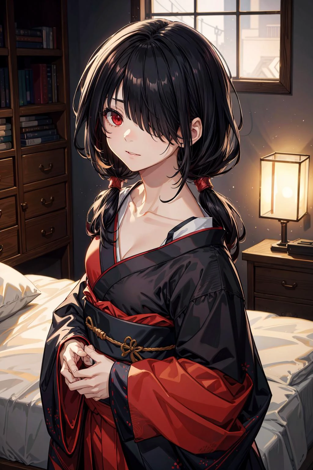 ((best quality, masterpiece)), ((style-swirlmagic):0.75)
kurumitokisaki, <lora:kurumitokisaki:1>, tokisaki kurumi, black hair, low twintails, (hair over one eye:1.5), (red eyes:1.2), (small breast:1.2),
bare shoulders, japanese clothes, kimono, yukata, red kimono, BREAK looking at viewer,
indoors, bed, bedroom,
high resolution, unity 8k wallpaper, (illustration:0.8), (beautiful detailed eyes:1.6), extremely detailed face, perfect lighting, extremely detailed CG,
<lora:more_details:0.5>
