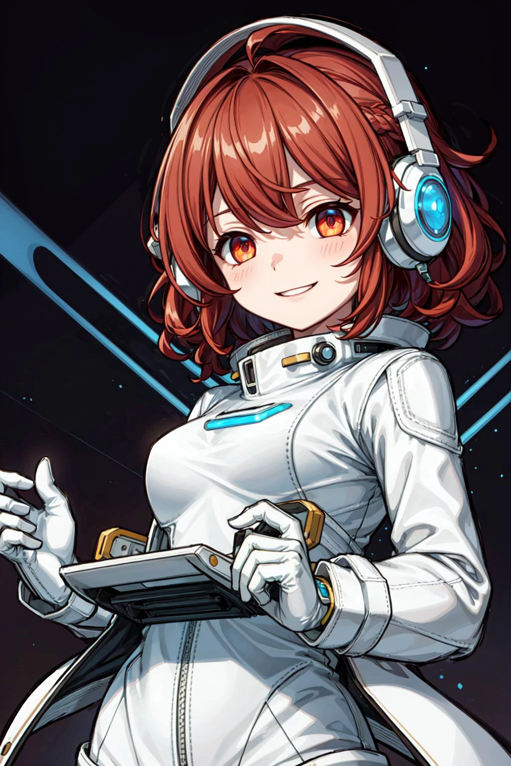 ((best quality, masterpiece)), ((style-swirlmagic):0.3),
((white leather futuristic spacesuit)), headphones, neon lit, (smiling), 1girl, red hair, wavy hair, a white parts of mechanical female, looking at viewer, soft colors, black background,
<lora:more_details:0.5> ,
<lora:LowRA:0.25>