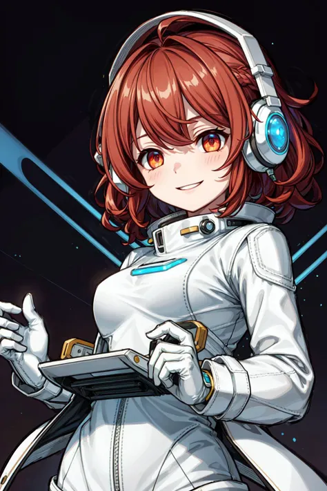 ((best quality, masterpiece)),  ((style-swirlmagic):0.3),
((white leather futuristic spacesuit)), headphones, neon lit, (smiling), 1girl, red hair, wavy hair,  a white parts of mechanical female, looking at viewer, soft colors,  black background,
<lora:more_details:0.5> ,
<lora:LowRA:0.25>