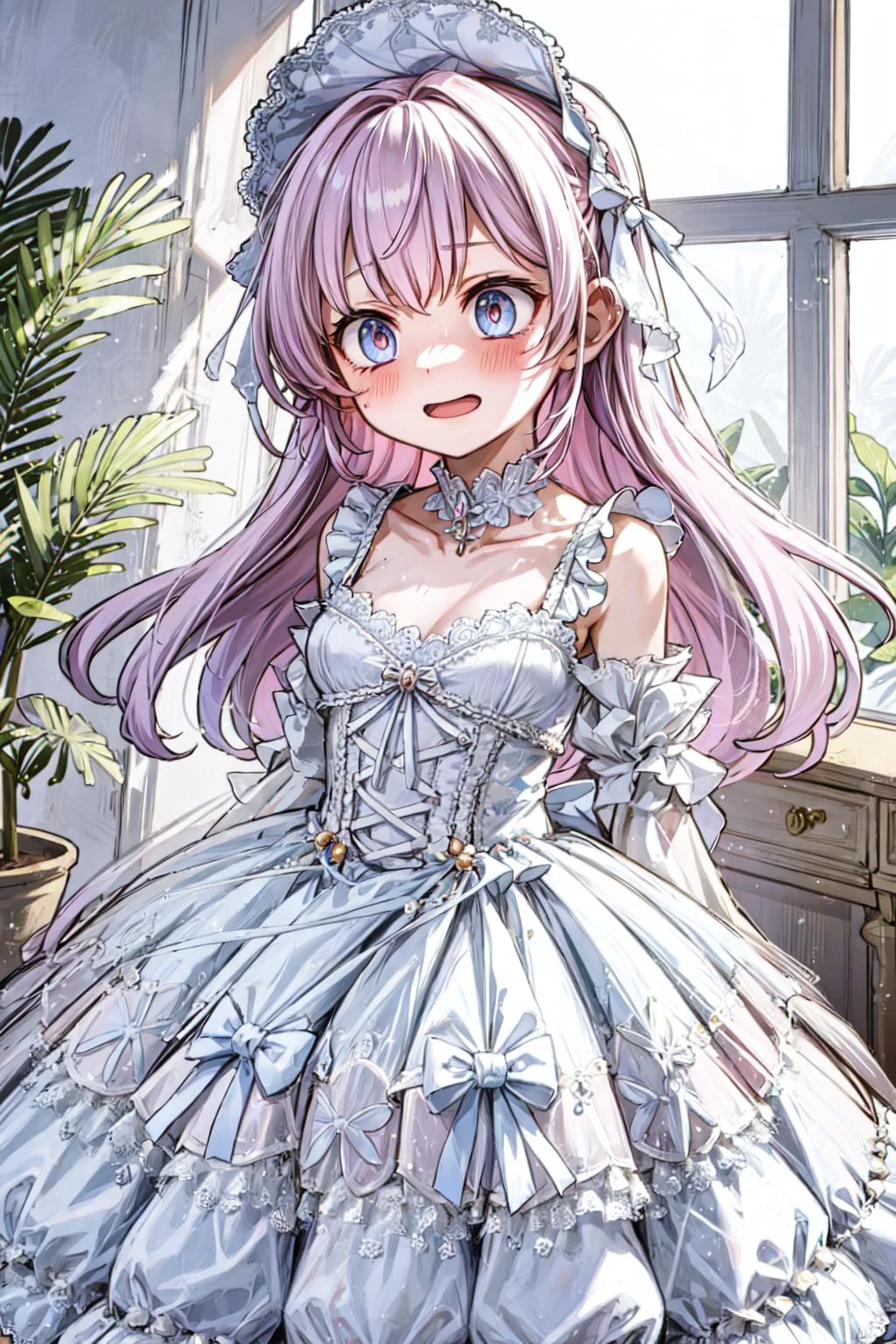 ((best quality, masterpiece)), ((style-swirlmagic):0.5),
1girl, ta_dress , mansion , living room, plants at window, embarrassed <lora:ArsEmbarrassed-t5:0.5>, (constricted pupils, small pupils), blush , open mouth,
<lora:more_details:0.5>,<lora:Constricted Pupils5:0.5>, <lora:loliress_classic_1_v3:0.5>
