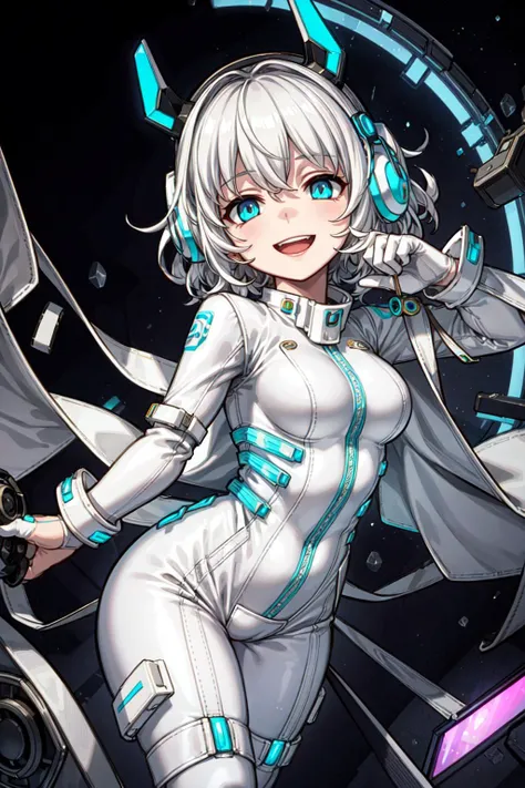 ((best quality, masterpiece)),  ((style-swirlmagic):0.3),
((white leather futuristic spacesuit)), headphones, neon lit, (smiling), open mouth, 1girl, white hair, wavy hair,  a white parts of mechanical female, (cameltoe:0.8), looking at viewer, soft colors,  black background,
<lora:more_details:0.5> ,
<lora:LowRA:0.25>