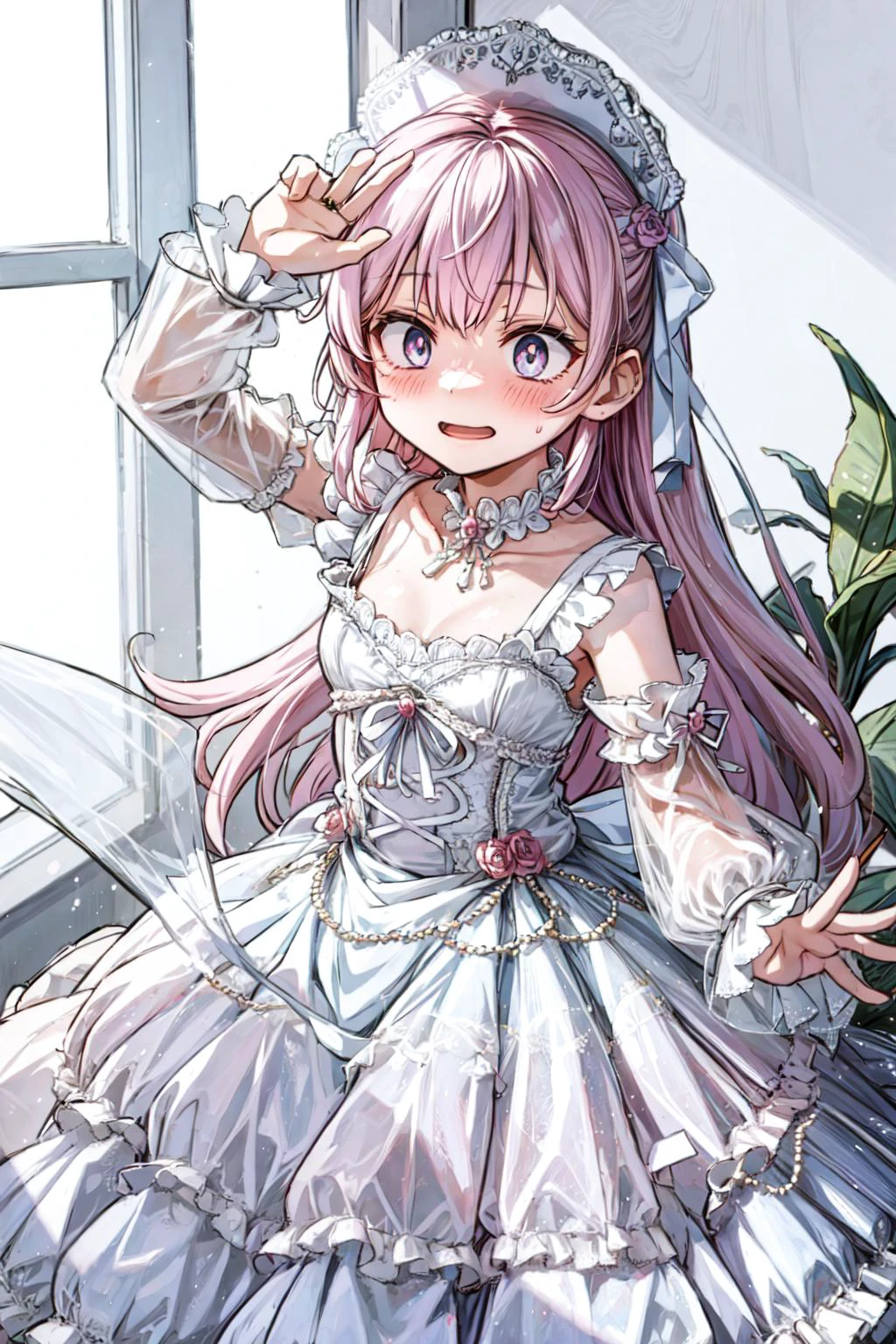 ((best quality, masterpiece)), ((style-swirlmagic):0.5),
1girl, ta_dress , mansion , living room, plants at window, embarrassed <lora:ArsEmbarrassed-t5:0.5>, (constricted pupils, small pupils), blush , open mouth,
<lora:more_details:0.5>,<lora:Constricted Pupils5:0.5>, <lora:loliress_classic_1_v3:0.5>