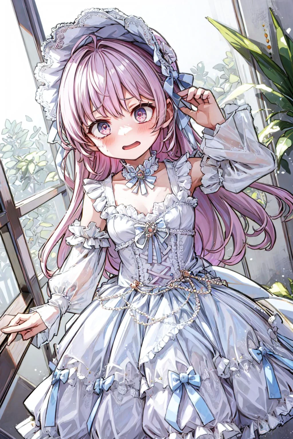 ((best quality, masterpiece)), ((style-swirlmagic):0.5),
1girl, ta_dress , mansion , living room, plants at window, embarrassed <lora:ArsEmbarrassed-t5:0.5>, (constricted pupils, small pupils), blush , open mouth,
<lora:more_details:0.5>,<lora:Constricted Pupils5:0.5>, <lora:loliress_classic_1_v3:0.5>