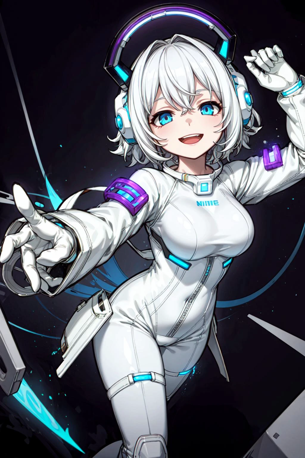 ((best quality, masterpiece)), ((style-swirlmagic):0.3),
((white leather futuristic spacesuit)), headphones, neon lit, (smiling), open mouth, 1girl, white hair, wavy hair, a white parts of mechanical female, (cameltoe:0.8), looking at viewer, soft colors, black background,
<lora:more_details:0.5> ,
<lora:LowRA:0.25>