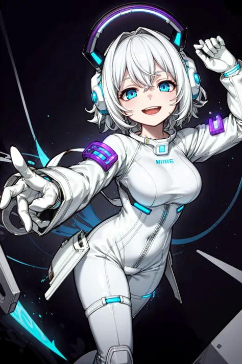 ((best quality, masterpiece)),  ((style-swirlmagic):0.3),
((white leather futuristic spacesuit)), headphones, neon lit, (smiling), open mouth, 1girl, white hair, wavy hair,  a white parts of mechanical female, (cameltoe:0.8), looking at viewer, soft colors,  black background,
<lora:more_details:0.5> ,
<lora:LowRA:0.25>