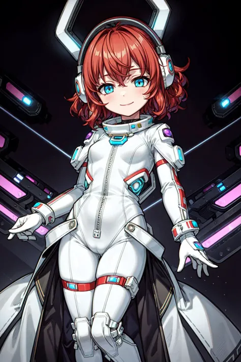 ((best quality, masterpiece)),  ((style-swirlmagic):0.3),
((white leather futuristic spacesuit)), headphones, neon lit, (smiling), 1girl, red hair, wavy hair,  a white parts of mechanical female, looking at viewer, soft colors,  black background,
<lora:more_details:0.5> ,
<lora:LowRA:0.25>