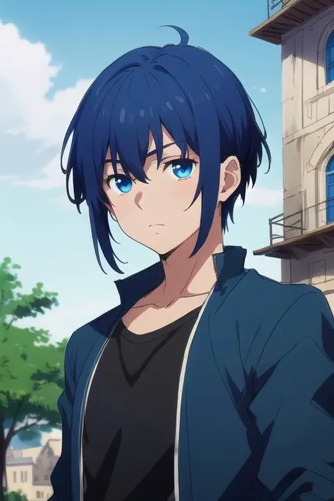 masterpiece, best quality, sketch, 1boy, solo, male focus, looking at viewer, upper body, depth of field, <lora:reito_mizuhara:0.68>, reito_mizuhara, blue hair, blue eyes, , The Tower of Oblivion: A stronghold where forgotten secrets and dark magic are hidden, High definition