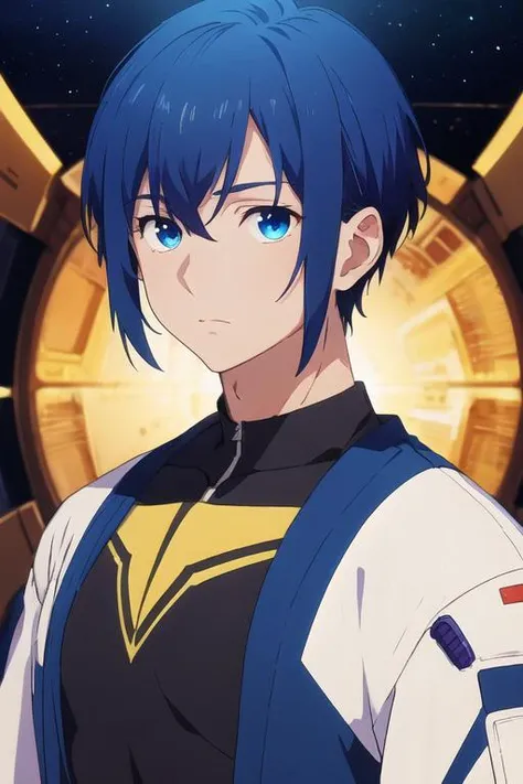 masterpiece, best quality, , 1boy, solo, male focus, looking at viewer, upper body, , <lora:reito_mizuhara:0.68>, reito_mizuhara, blue hair, blue eyes, , science fiction space western, 4k resolution