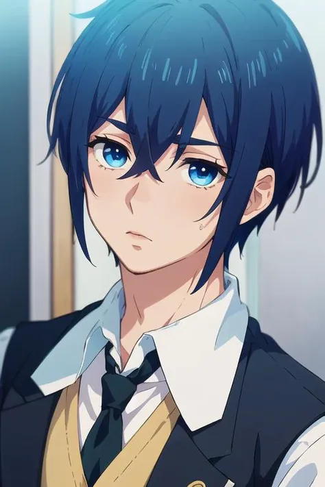 masterpiece, best quality, game cg, 1boy, solo, male focus, looking at viewer, upper body, depth of field, <lora:reito_mizuhara:0.66>, reito_mizuhara, blue hair, blue eyes, waistcoat, , feudal japan, 8k resolution