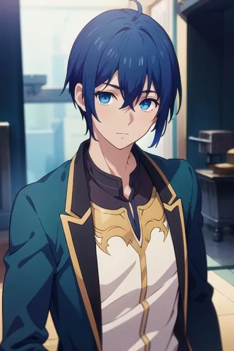 masterpiece, best quality, game cg, 1boy, solo, male focus, looking at viewer, , depth of field, <lora:reito_mizuhara:0.64>, reito_mizuhara, blue hair, blue eyes, renaissance costume, ,