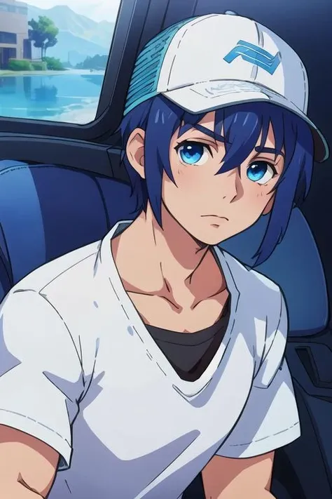 masterpiece, best quality, game cg, 1boy, solo, male focus, looking at viewer, upper body, , <lora:reito_mizuhara:0.70>, reito_mizuhara, blue hair, blue eyes, , trucker hat, islamic golden age,
