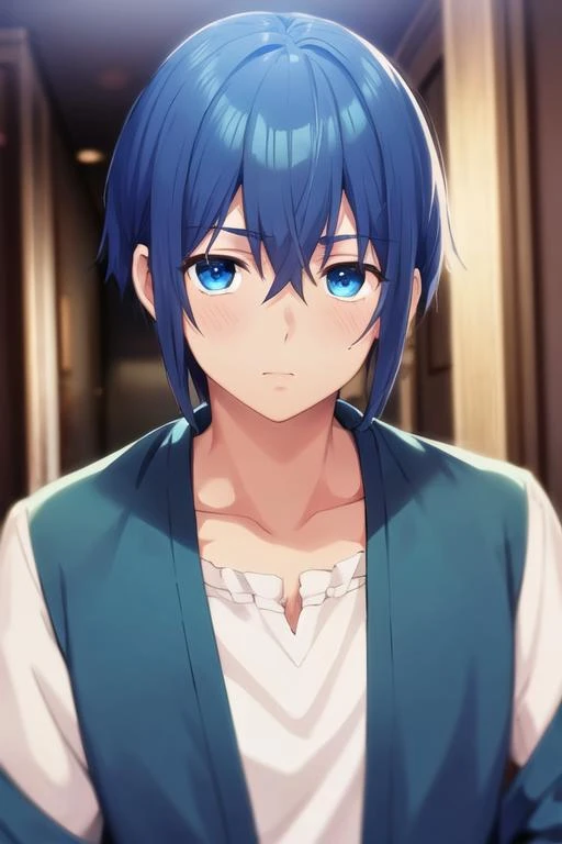 masterpiece, best quality, , 1boy, solo, male focus, looking at viewer, , depth of field, <lora:reito_mizuhara:0.74>, reito_mizuhara, blue hair, blue eyes, , ,