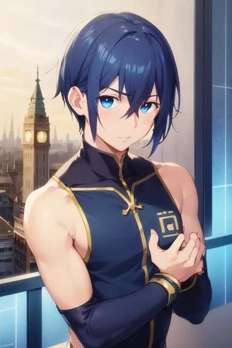 masterpiece, best quality, wallpaper, 1boy, solo, male focus, looking at viewer, upper body, , <lora:reito_mizuhara:0.72>, reito_mizuhara, blue hair, blue eyes, , The Tower of Destiny,