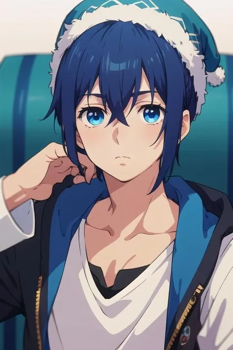 masterpiece, best quality, , 1boy, solo, male focus, looking at viewer, , depth of field, <lora:reito_mizuhara:0.66>, reito_mizuhara, blue hair, blue eyes, , bobble hat, ,