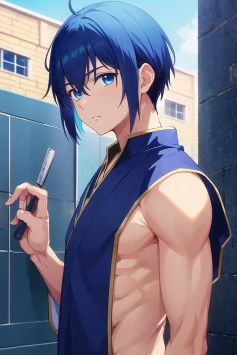 masterpiece, best quality, wallpaper, 1boy, solo, male focus, looking at viewer, upper body, , <lora:reito_mizuhara:0.66>, reito_mizuhara, blue hair, blue eyes, outlaw costume, The Tower of Shadows,