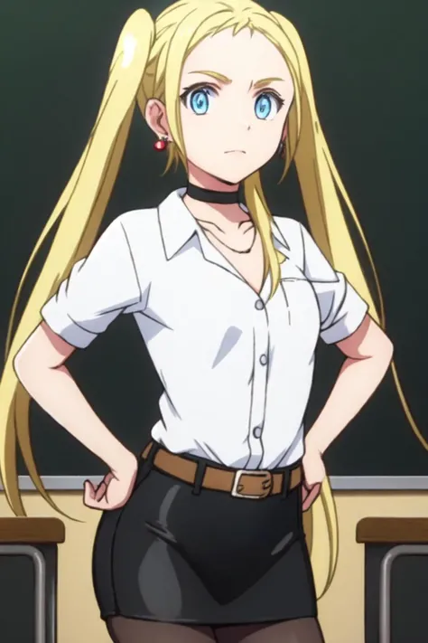 1girl, masterpiece,cowboy shot, belt, pencil skirt, pantyhose, white shirt, blonde hair, shiny skin, twintails, looking at viewer, (small breasts), blue eyes, classroom, hands on hips,, standing, floating hair, solo, earrings, choker, simple background, chalkboard,
 <lora:Ushio_v1-000006:0.77>