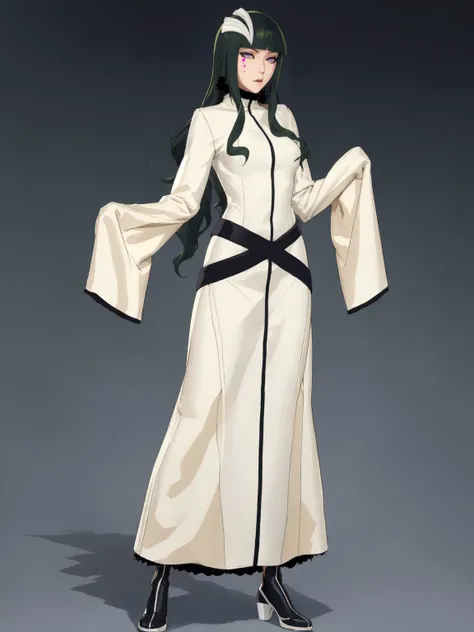 cyan sung-sun, standard outfit, long black/green hair, long white dress with long sleeves, three hair clip on the right side her bangs, three pink dots below her right eye, purple eyes, fur around neck, two criss-crossing belts, black shoes, <lora:Sung-Sun-03:1.0>(kbxll:0.6)