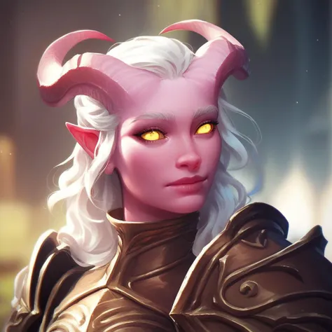 (((beautiful, high quality))), portrait, score_9, score_8_up, score_7_up, Tiefling, pointed ears, horns, colored sclera, 1girl, pink skin, white hair, yellow eyes, armor, fantasy background, blurred background