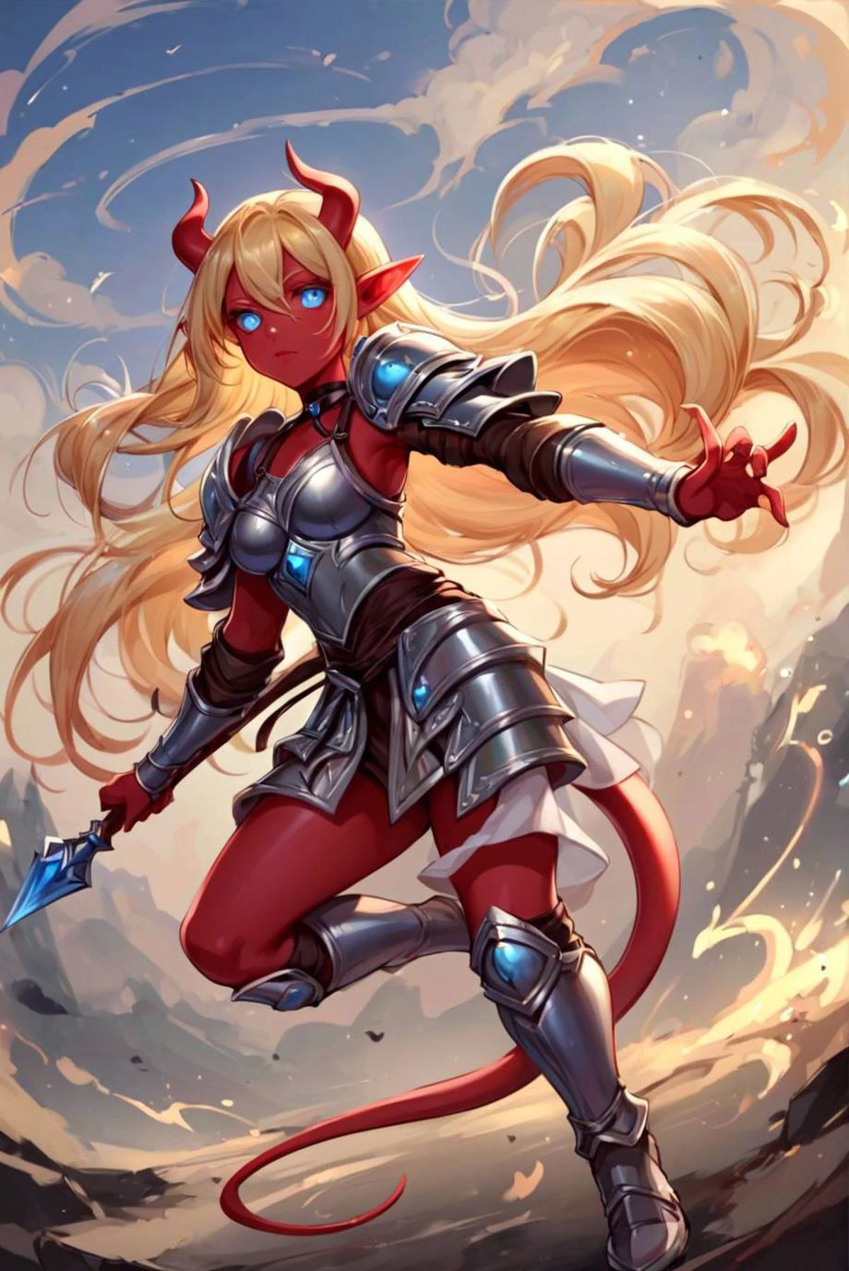 score_9, score_8_up, score_7_up, source_anime, <lora:Nova_Sphere_Style_V1.0:1>, <lora:DynamicPose_alpha1.0_rank4_noxattn_100steps:1>,
Beautiful Lighting, 1girl, dynamic angle, dynamic pose,
blue eyes, blonde hair, long hair, hair intakes, hair between eyes, outdoors, decorated black choker,
<lora:TieflingFantasyDND:1>, Tiefling, pointed ears, horns, colored sclera, 1girl, red skin, full armor, full body, fighting stance, holding weapon,
