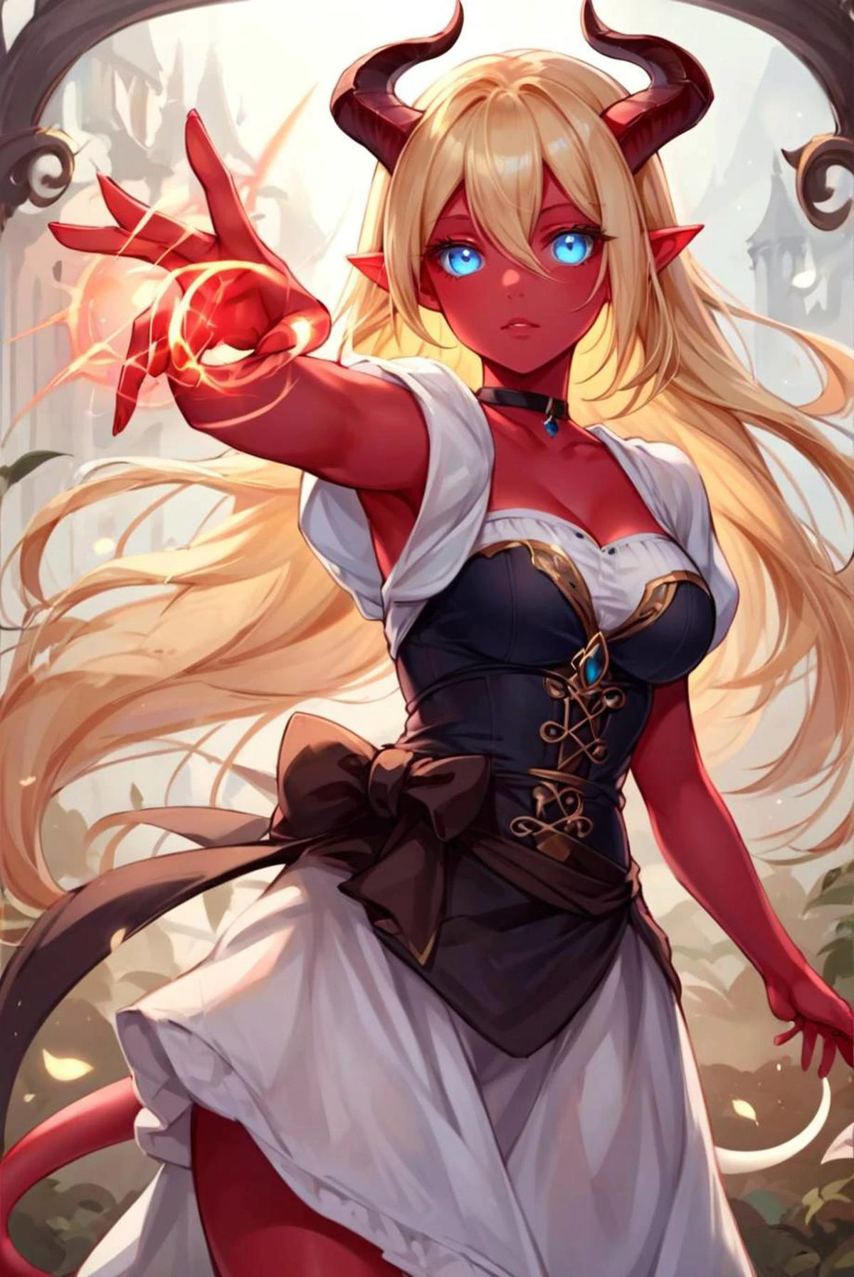 score_9, score_8_up, score_7_up, source_anime, <lora:Nova_Sphere_Style_V1.0:1>, <lora:DynamicPose_alpha1.0_rank4_noxattn_100steps:1>,
Beautiful Lighting, 1girl, dynamic angle, dynamic pose,
blue eyes, blonde hair, long hair, hair intakes, hair between eyes, outdoors, decorated black choker,
<lora:TieflingFantasyDND:1>, Tiefling, pointed ears, horns, colored sclera, 1girl, red skin, full body, fighting stance, casting spell, wizard,