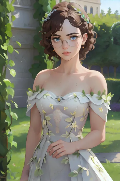 <lora:bzl:0.8>, <lora:vinedress:0.8>, v1nedr3ss, vines, dress, bzl_test, curly brown hair, (grey|blue) eyes, (freckles:0.4), glasses, rose garden || hair, skin, clothing, masterpiece, 8k, high resolution, shallow depth of field, sharp focus