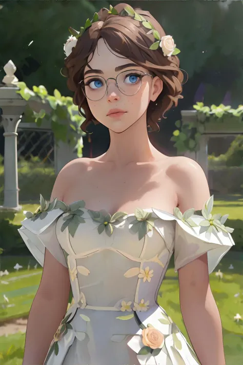 <lora:bzl:0.8>, <lora:vinedress:0.8>, v1nedr3ss, vines, dress, bzl_test, curly brown hair, (grey|blue) eyes, (freckles:0.4), glasses, rose garden || hair, skin, clothing, masterpiece, 8k, high resolution, shallow depth of field, sharp focus