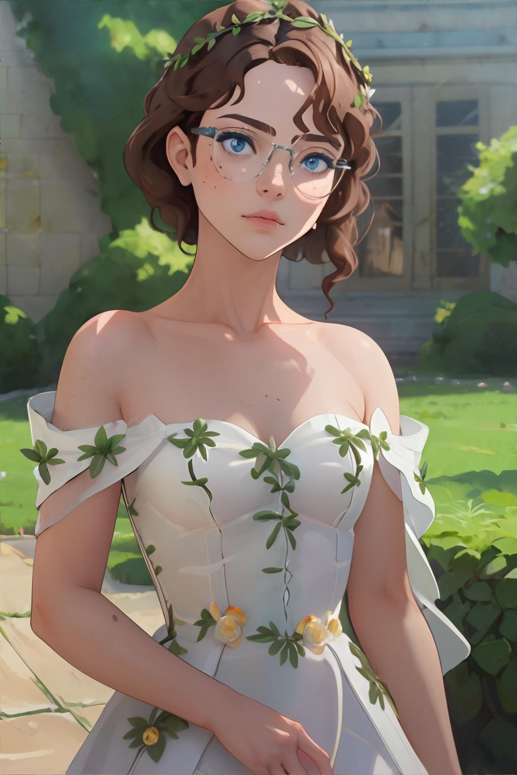 A woman in a white dress standing in front of a house - SeaArt AI