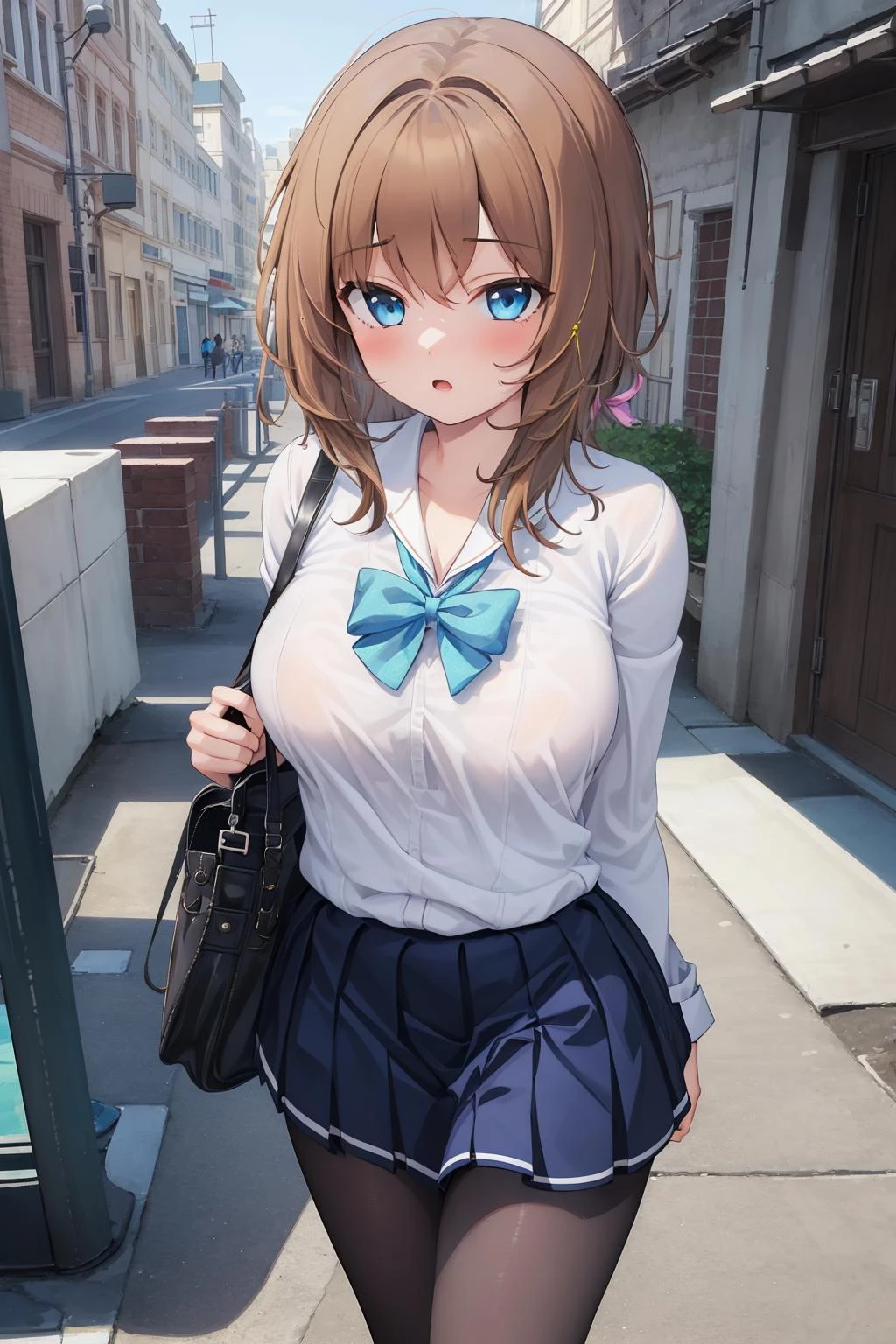1girl,solo,fullbody,
schooluni,school uniform,brown hair,short hair,hair ribbon,blue eyes,large breasts,pantyhose,<lora:Celesphonia:1:1,1,1,1,1,0,0,0,1,1,1,1,0,0,0,0,0>,
(Highest picture quality),colorful,(masterpiece:1.5),ultra high res,best quality,extremely detailed wallpaper,(intricate detail),