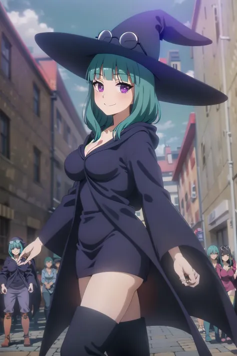 <lora:winnie_peach_v1(bg_sv4_bg):1> winnie_olis, witch hat, eyewear on headwear, green hair, medium hair, blunt bangs, purple eyes, collarbone, cleavage, large breasts, black robe, short dress, thigh boots, walking, looking at viewer, smile, blush
BREAK
fantasy, shop, building, castle, city, cityscape, outdoors
BREAK
(crowd, multiple boys, multiple girls:1.3)
BREAK
from side