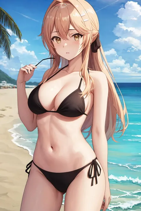 ((masterpiece, high quality, highres,))
outdoors, beach, sky,
Liscia, bikini, black bikini, <lora:Liscia:0.8>