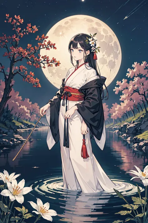 best quality,oriental_detailed background,girl,detailed_hand,flower, night, moon,reflect_water,