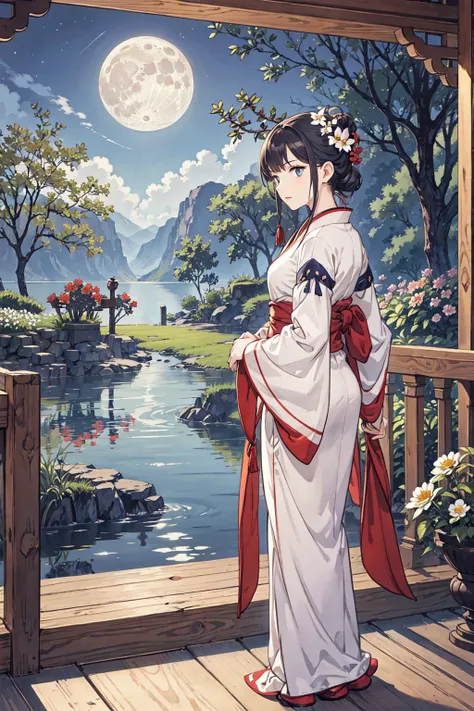 best quality,oriental_detailed background,girl,detailed_hand,garden, flower, butterfly,night, moon,random_wear,reflect_water, lake