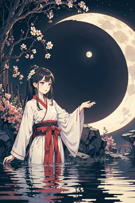 best quality,oriental_detailed background,girl,detailed_hand,flower, night, moon,reflect_water,