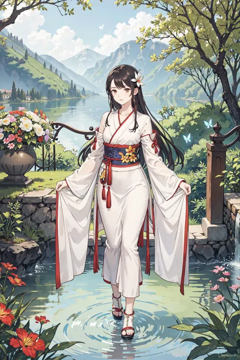 best quality,oriental_detailed background,girl,detailed_hand,garden,, flower, butterfly,oreintal wear,reflect_water, lake