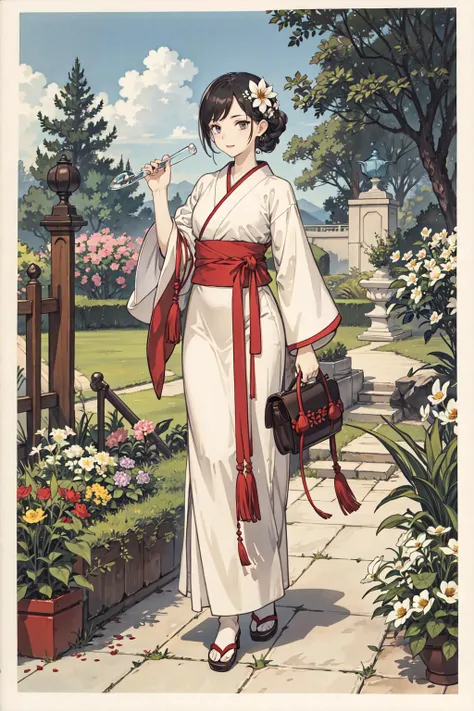best quality,oriental_detailed background,girl,detailed_hand,garden,glass, flower, oreintal wear,