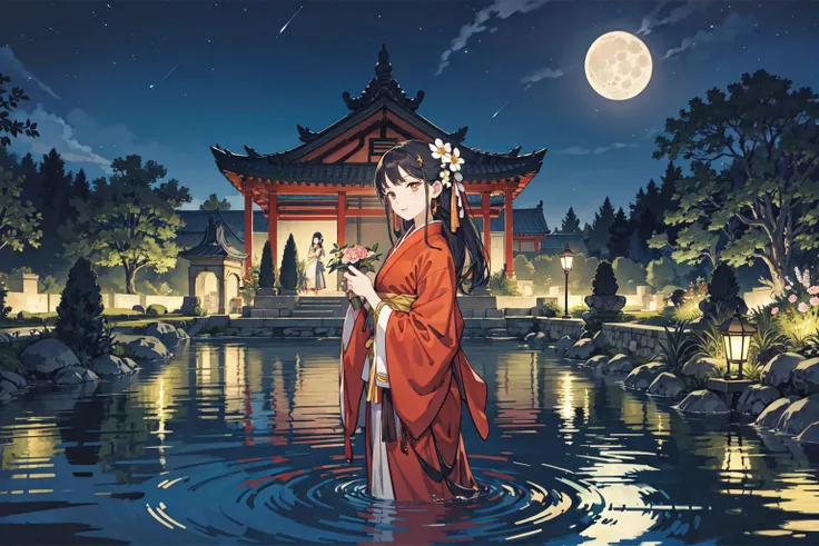 best quality,oriental_detailed background,girl,detailed_hand,garden, flower, ruined castle,night, moon,reflect_water,