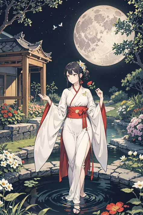 best quality,oriental_detailed background,girl,detailed_hand,garden,, flower, butterfly,night, moon,oreintal wear,reflect water