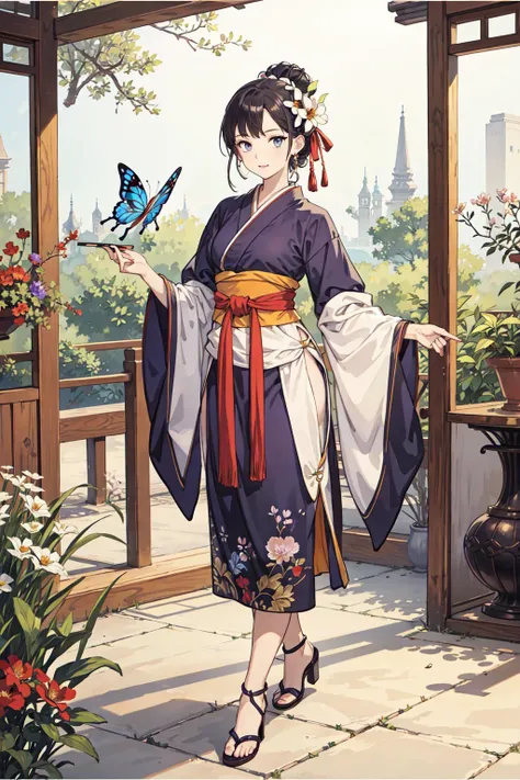 best quality,oriental_detailed background,girl,detailed_hand,garden,glass, flower, butterfly,oreintal wear,