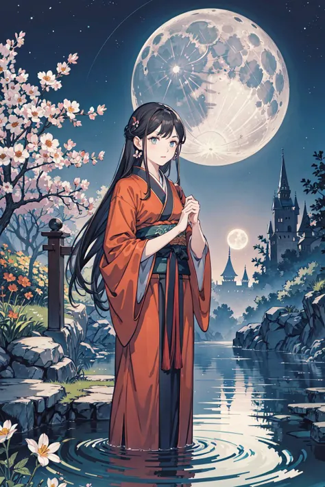 best quality,oriental_detailed background,girl,detailed_hand,garden, flower, ruined castle,night, moon,reflect_water,