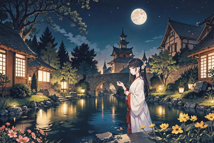 best quality,oriental_detailed background,girl,detailed_hand,garden, flower, ruined castle,night, moon,reflect_water,