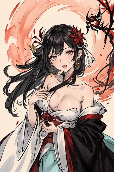((highres)), (open mouth),(((bust))),(((masterpiece))),(((best quality))),((ultra-detailed))((extremely detailed CG)),((8k_wallpaper)),dynamic angle,floating, (beautiful detailed eyes),an extremely delicate and beautiful girl,upper body,ink wash painting,(Chinese wind),black eyes,burning,detailed light.from_below,(black hair),(red spider lily:1.33),aqua eyes,(hair flower:1.3),bloom,single,starry sky,hair ornament, earrings, jewelry, very long hair, messy hair, bare shoulders, half closed eyes,bloom,(((Chivalrous))),fairy,(hanfu:1.3),(medium breast:1.2),(eyeshadow,red eyeliner:1.15),(eyes visible through hair:1.2),((solo)),red moon,