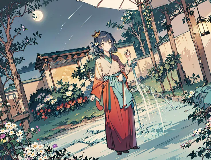 best quality, high_resolution, distinct_image, detailed background ,girl, hanbok,flower,garden,moon, night,dutch angle, wide shot, crown, <lora:morinoRinzeTHEIDOLMSTER_v10:1>