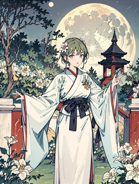 best quality, high_resolution, distinct_image, detailed background ,girl, hanbok,flower,garden,moon, night,<lora:nanakusaNichikaTHEIDOLM_v10:1>